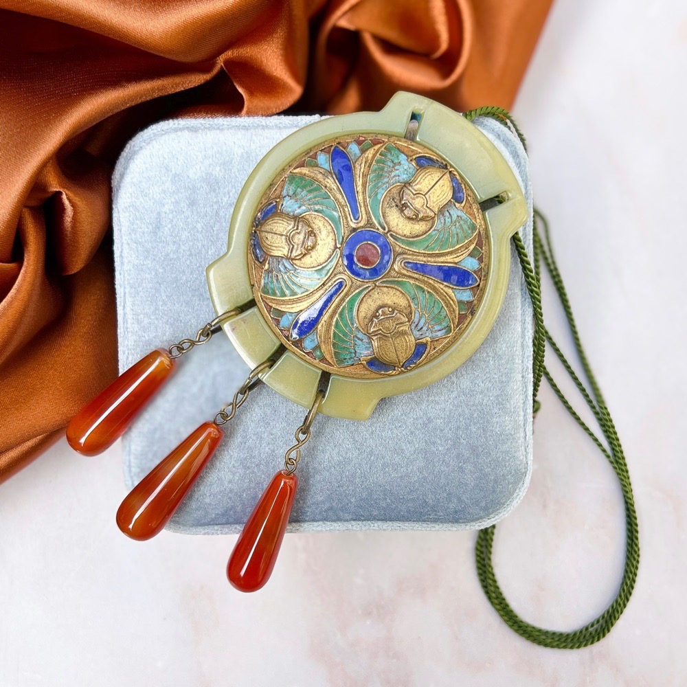 Egyptian Revival 1920s Galalith, Enamel and Glass Antique Scarab Pendant Necklace